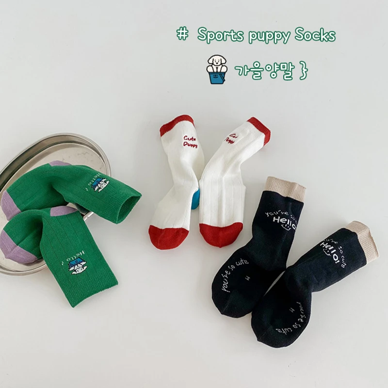 春秋季新款儿童袜子拼色卡通字母中筒袜韩版宝宝男女童无骨棉袜潮