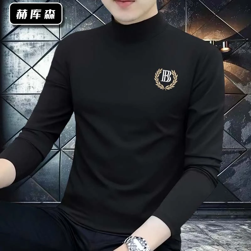 赫库森新款半高领内搭打底衫修身秋冬男保暖德绒磨毛T恤上衣长袖