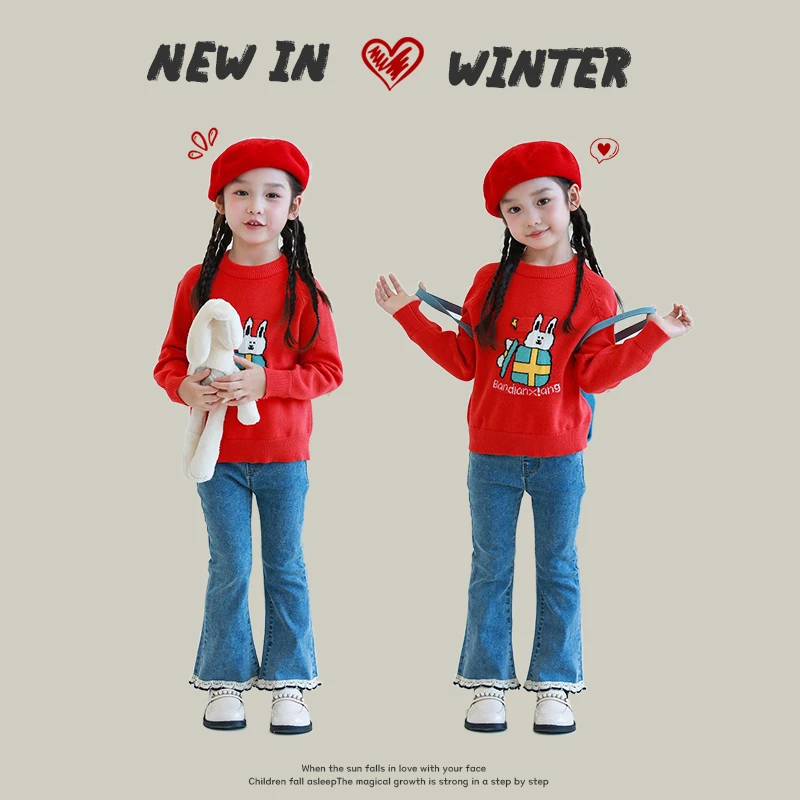 女童毛衣2024秋装新款儿童卡通提花宽松针织衫圆领套头上衣打底衫