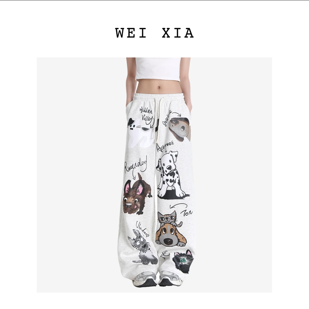 创意可爱动物印花休闲裤阔腿裤直筒情侣高街宽松潮流长裤春夏时尚