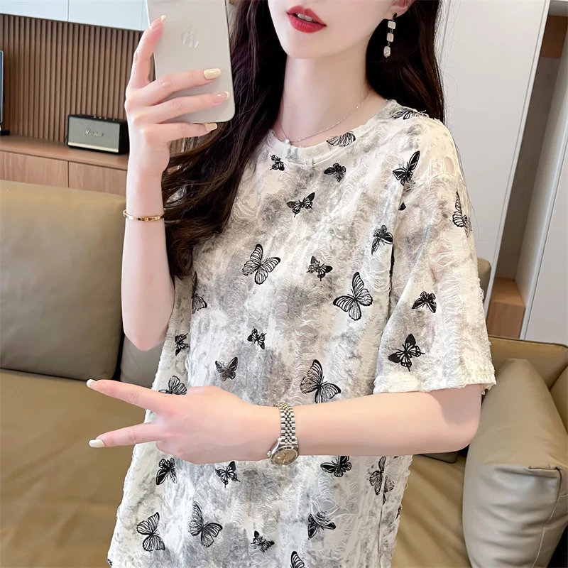 印花短袖T恤女设计感2024新款破洞亮钻蝴蝶独特别致休闲上衣潮ins