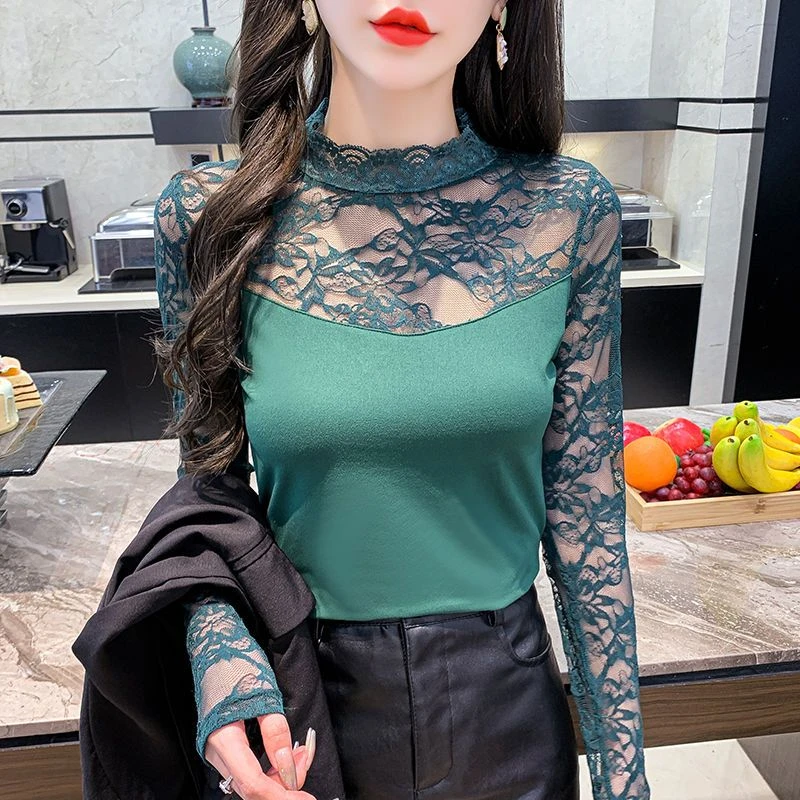 打底衫女2022新春秋季洋气新款时尚个性长袖半高领蕾丝T恤小衫潮
