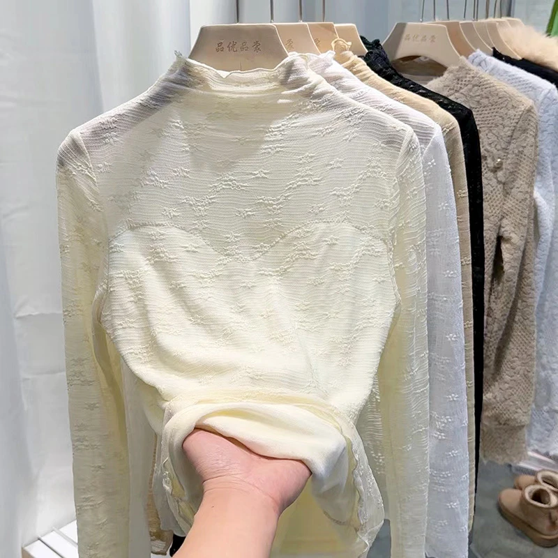 2023秋季半高领木耳边蕾丝长袖加绒春秋冬内搭打底衫遮肚显瘦上衣