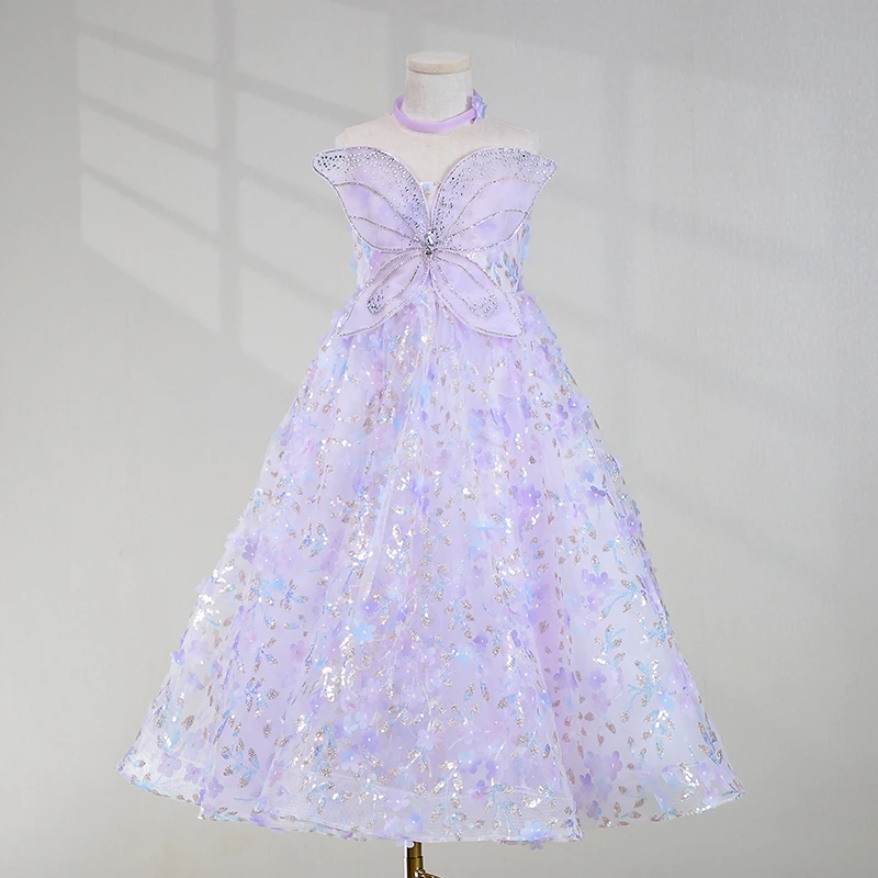 朵拉说高端花童生日公主裙轻奢主持人紫色羽毛礼服儿童演出服装