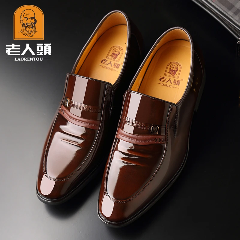 老人头皮鞋男真皮漆皮商务正装内增高6cm英伦亮面休闲韩版男婚鞋