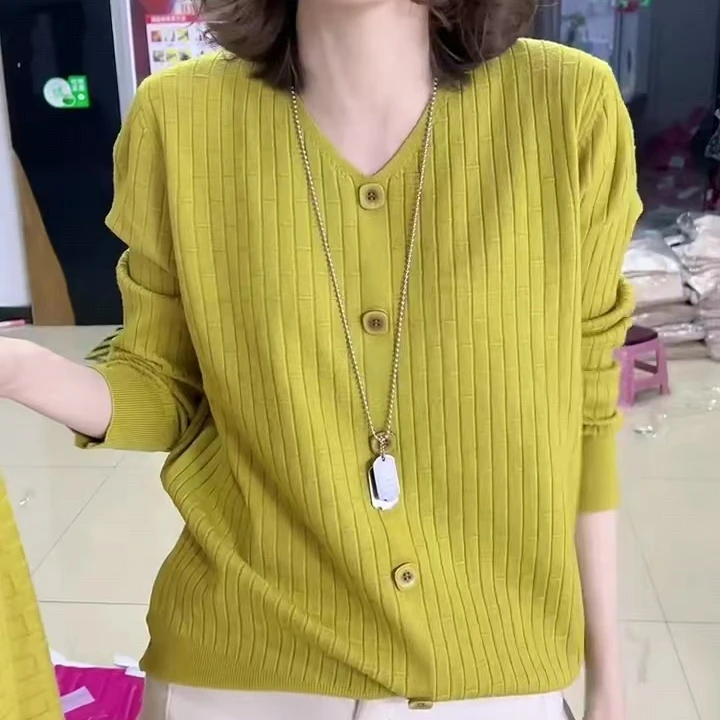 春秋新款五扣竹节长袖针织衫坑条纹毛衣显瘦气质时尚百搭宽松