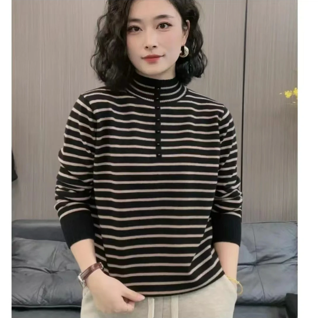 秋冬新款女士休闲时尚冬款毛衣针织衫条纹长袖半高领百搭显瘦保暖