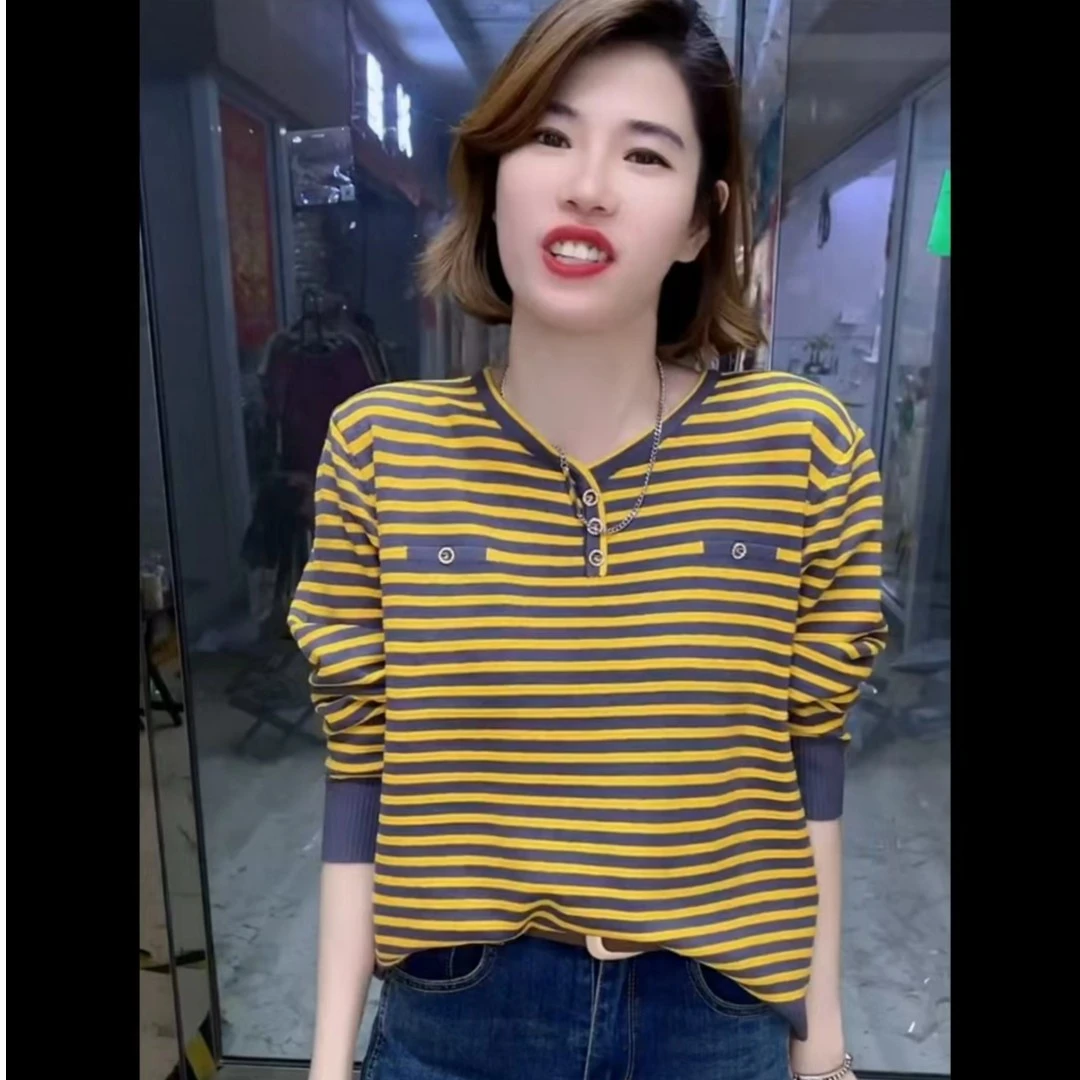 女装早秋冬砖扣子条纹v领针织衫长袖洋气外穿气质上衣T恤打底衫女