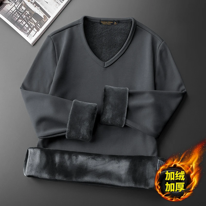 修身v领长袖t恤男士2024秋冬季新款加绒加厚保暖内搭打底衫上衣服
