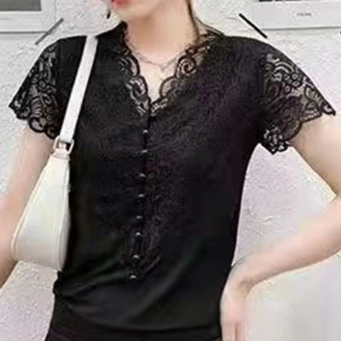 夏季新款短袖T恤蕾丝显瘦洋气百搭上衣女时尚透气小衫