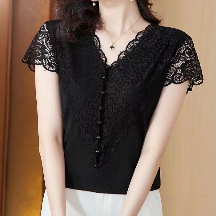 2025夏季新款短袖蕾丝气质显瘦t恤洋气