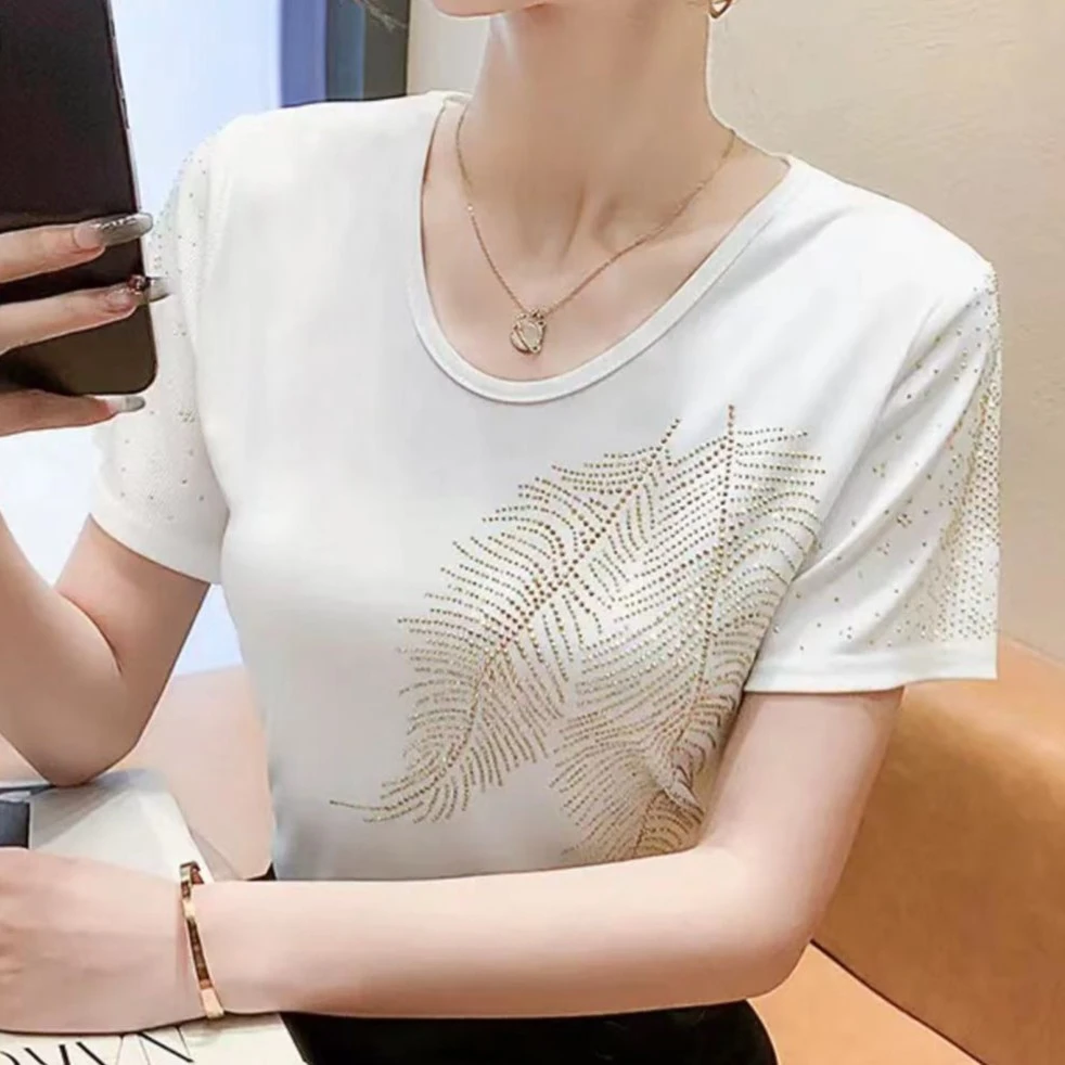 夏季新款烫钻短袖t恤时尚洋气圆领显瘦大码半袖女装百搭上衣女