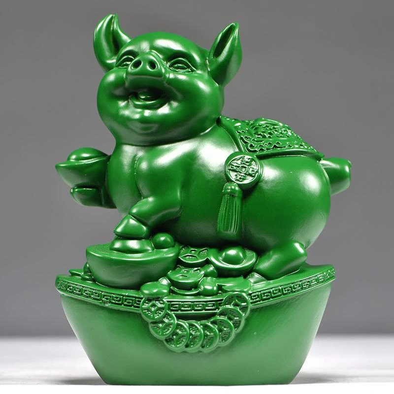绿色木雕猪摆件十二生肖猪实木雕刻猪家居客厅办公装饰工艺品送礼