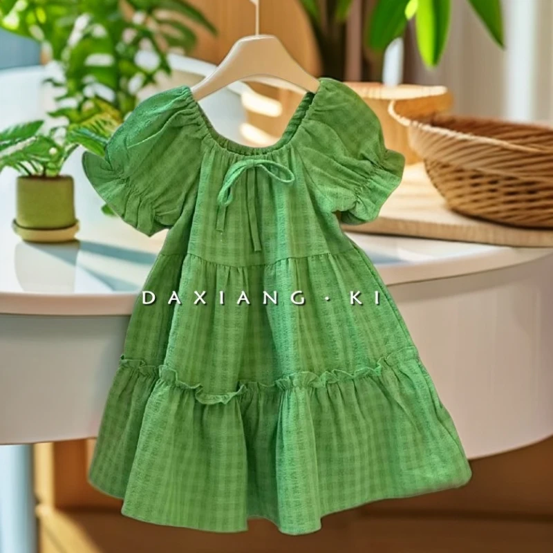 女宝宝夏装2024新款女童时尚洋气连衣裙韩范小清新绿色格子公主裙