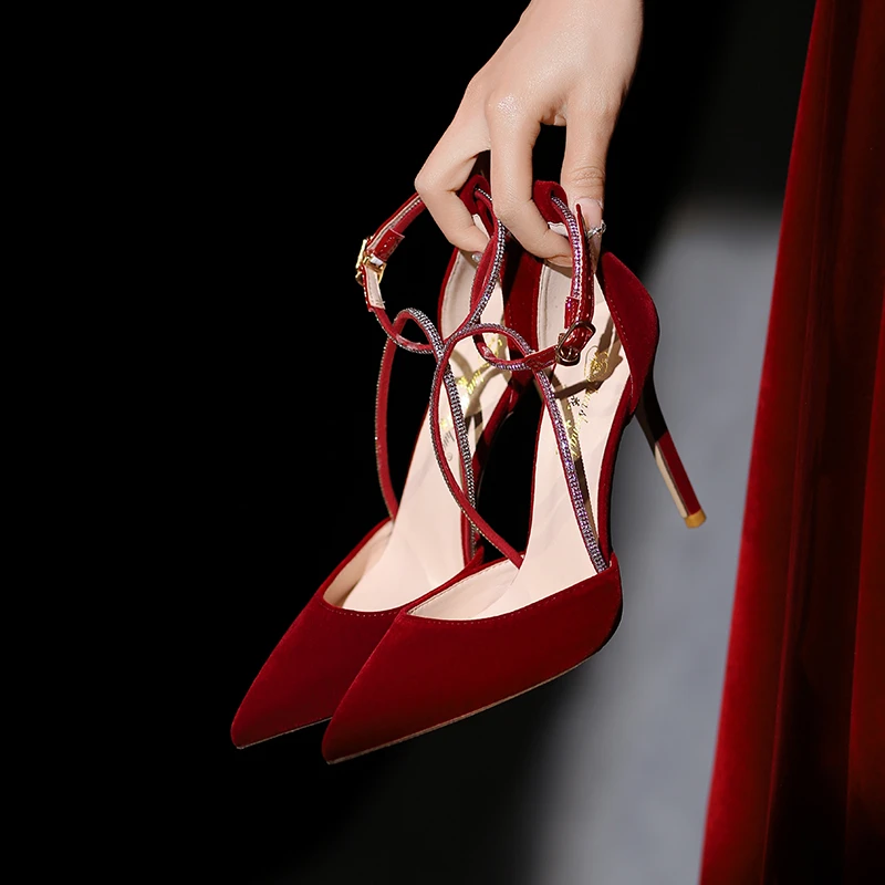 花生花高跟鞋细跟尖头水钻一字扣交叉中空单鞋性感包头凉鞋婚鞋女