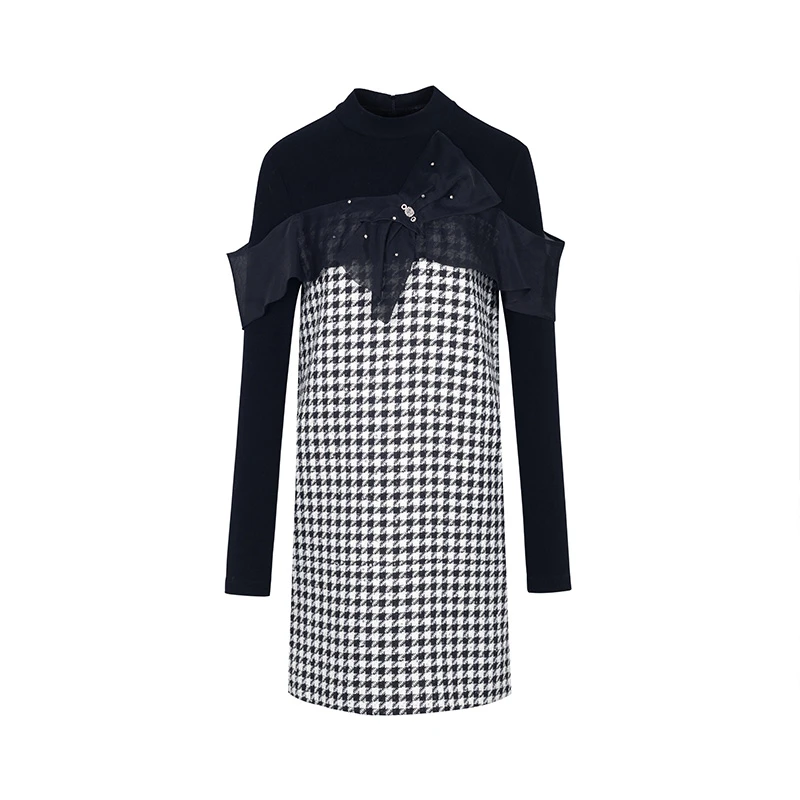 设计师女装2024冬季新款连衣裙气质黑白拼接千鸟格连衣裙34063