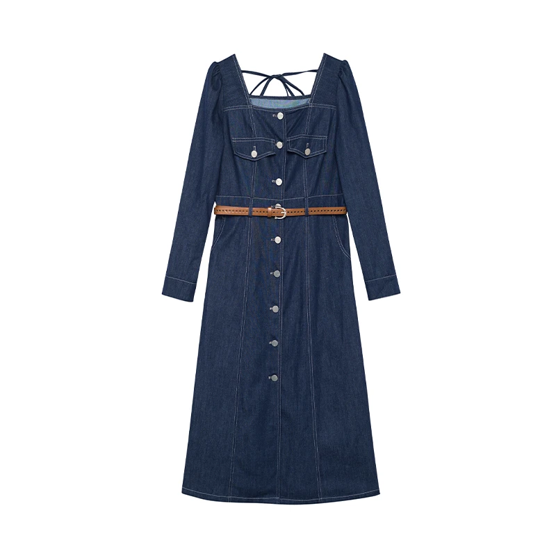 设计师女装2025秋季新款连衣裙气质复古收腰显瘦牛仔连衣裙31524