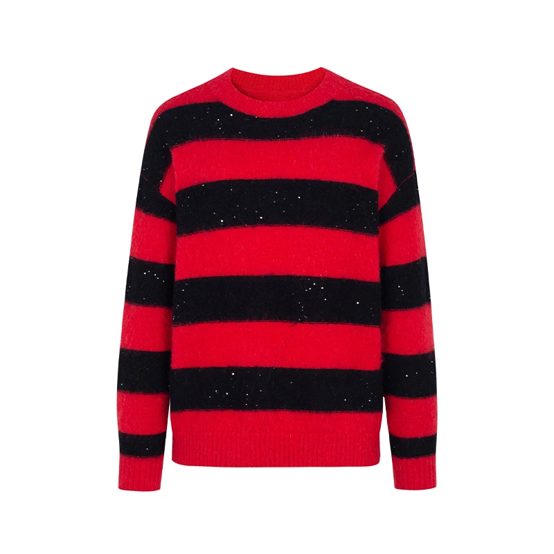 设计师女装2024冬季新款毛衫圆领撞色时尚拼色条纹毛针织衫34733