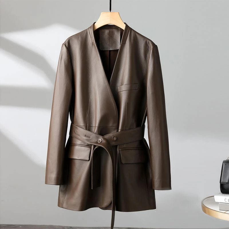 真皮绵羊皮外套女2024春秋季新款中长款西装休闲西装外套