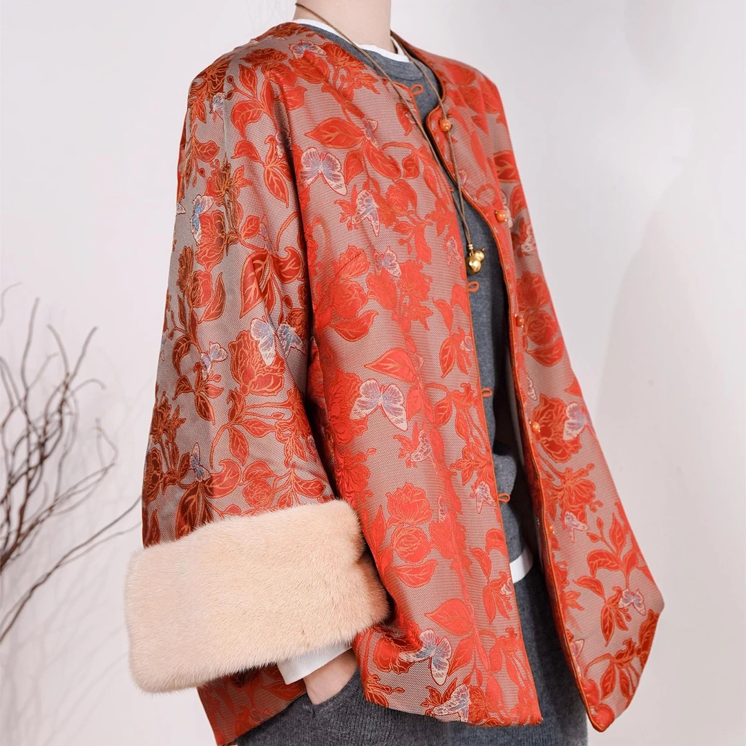 SUYUZHI 「霞衣粉梦」水貂袖夹羊绒棉宋锦外套新中式2025冬季新款