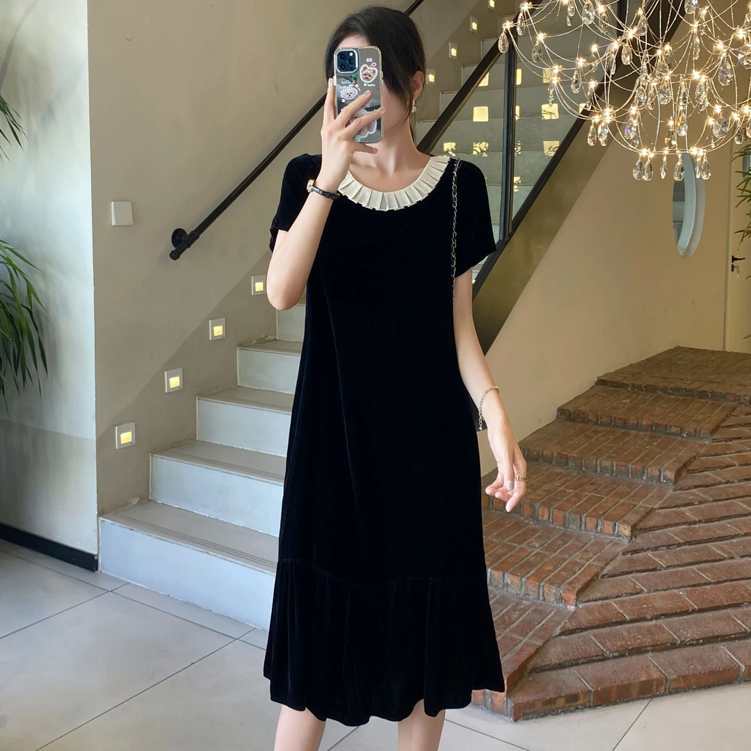 玲子原创 名媛气质真丝丝绒连衣裙女娃娃领短袖高端桑蚕丝中长裙