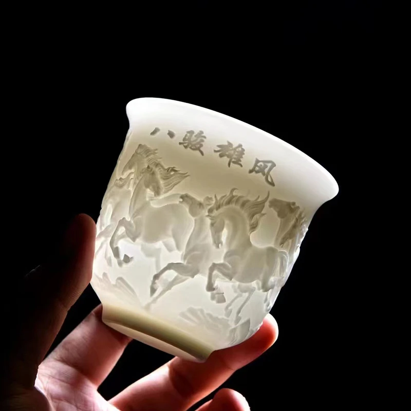 素烧白瓷八骏马茶杯浮雕主人杯大号茶盏大容量透光泡茶家用喝水杯