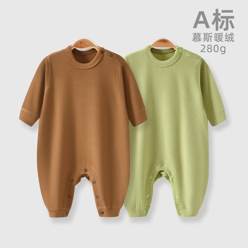 婴儿连体衣慕斯暖绒春秋冬季套头加厚保暖打底衣男女宝宝衣服秋冬