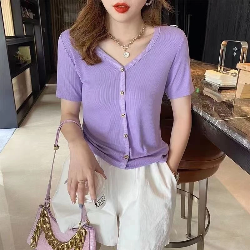 夏季显瘦百搭T恤洋气短袖小衫时尚减龄遮肚子藏肉纯色套头前包边