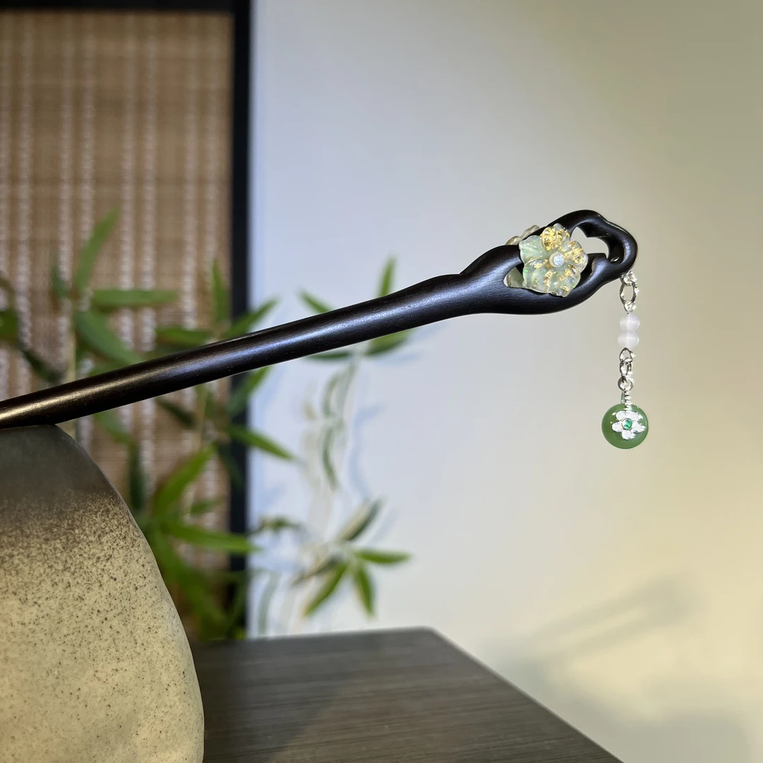 天然黑檀木发簪18cm【若昕】流苏步摇奶绿色花日常中式简约清新发簪