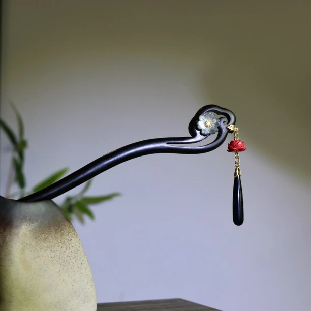 天然黑檀木发簪18cm【芷岚】莲花吊坠古风步摇简约国风盘发簪