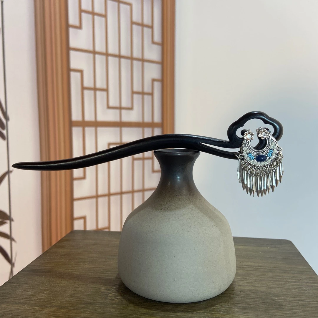 双面天然黑檀木发簪【月牙瑶】网红民族风步摇盘发簪木簪子盘发3584