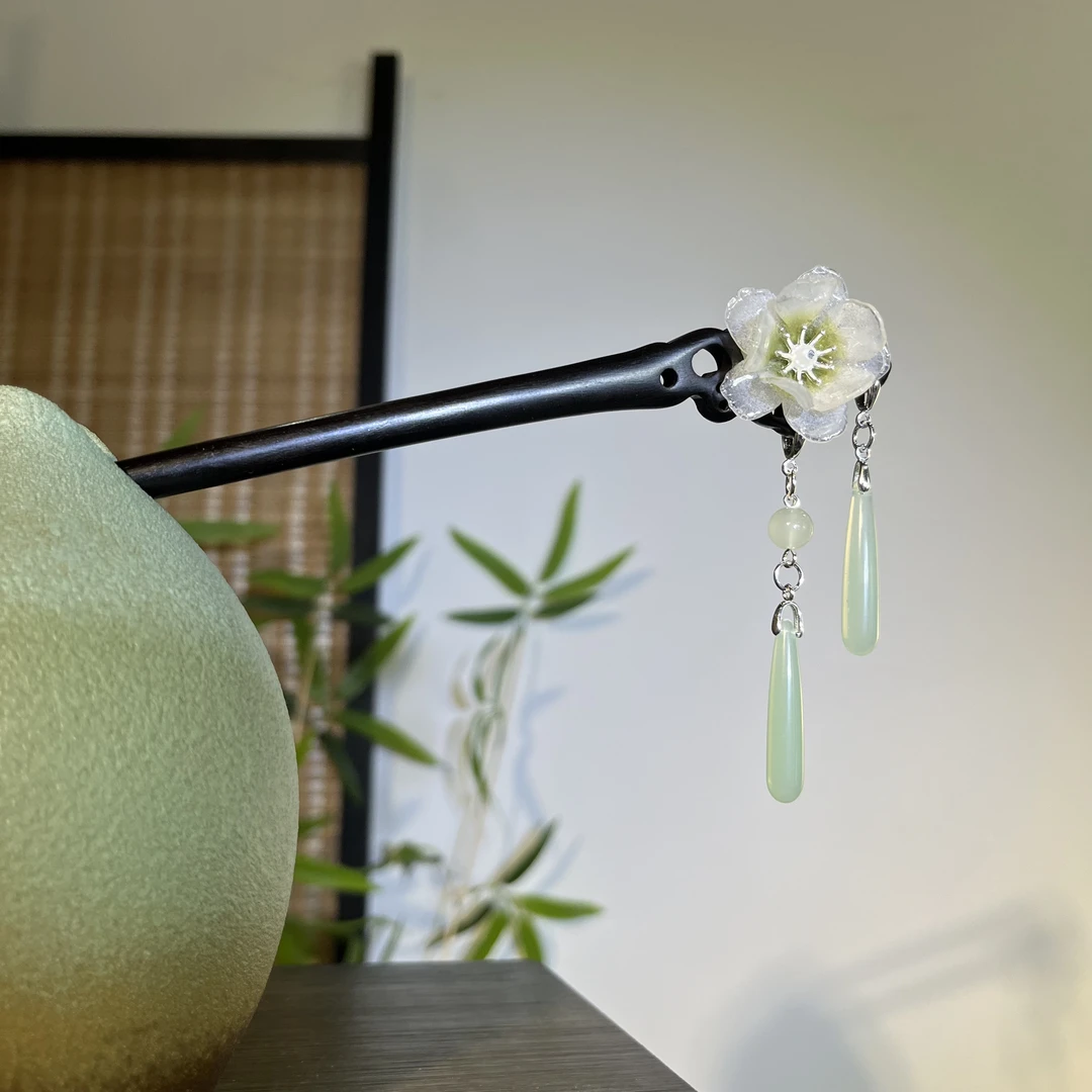 天然黑檀木发簪【清芙】温柔流苏步摇奶白色花日常中式木簪子盘发