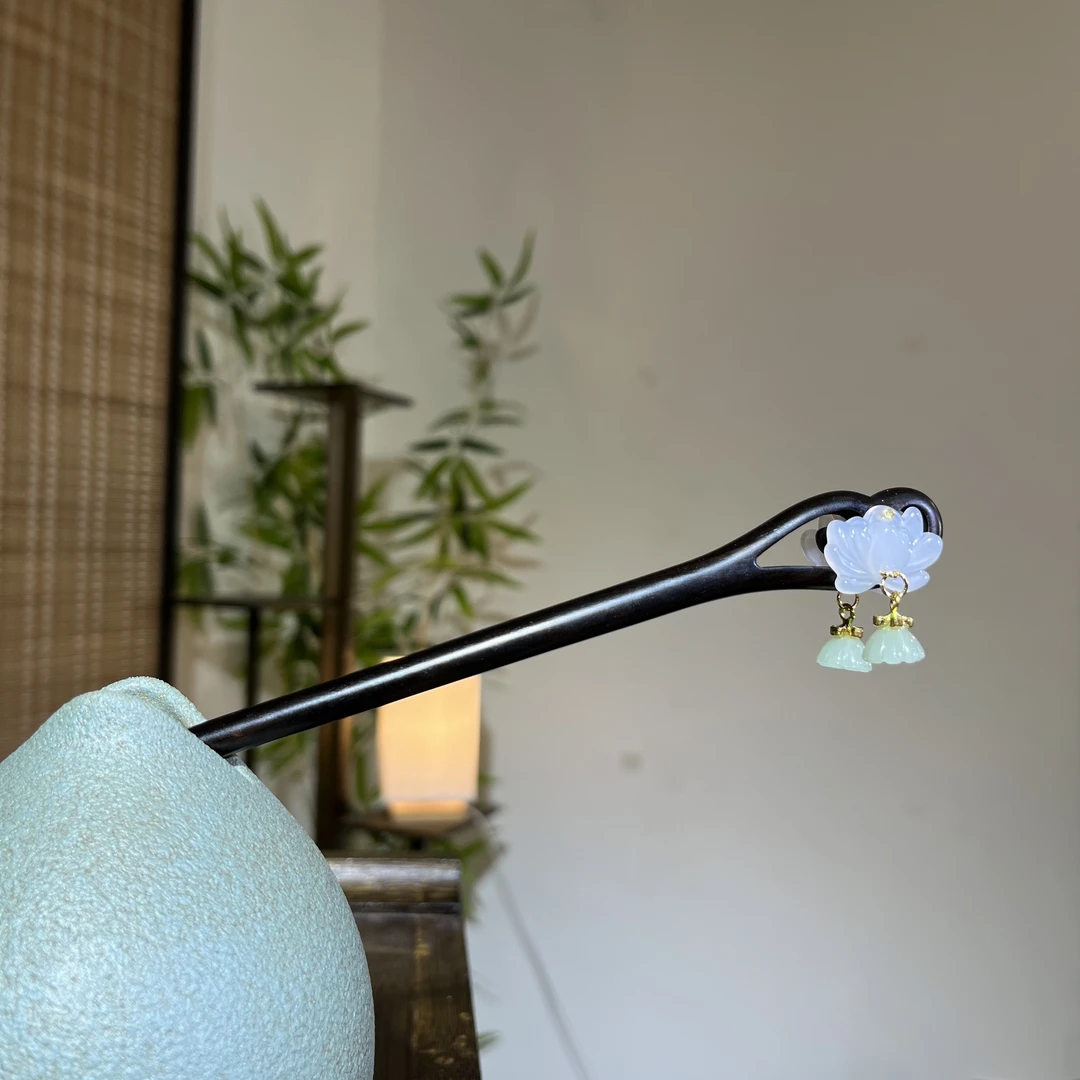 双面天然黑檀木发簪18cm【伊朵】莲花新中式国风流苏步摇盘发簪