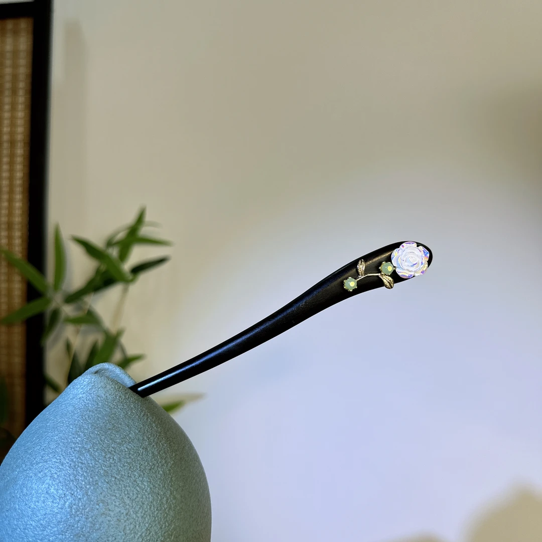 黑檀木发簪18cm【婉沁】日常简约步摇中国风山茶花新中式盘发簪1335