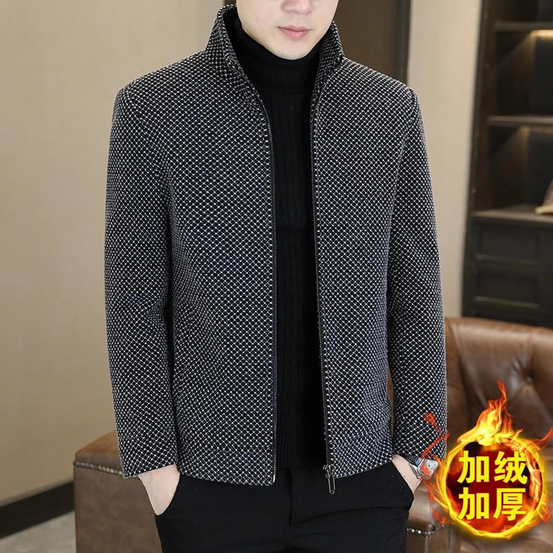 男士秋冬新款高档毛呢大衣格子休闲百搭加厚保暖立领呢子夹克外套