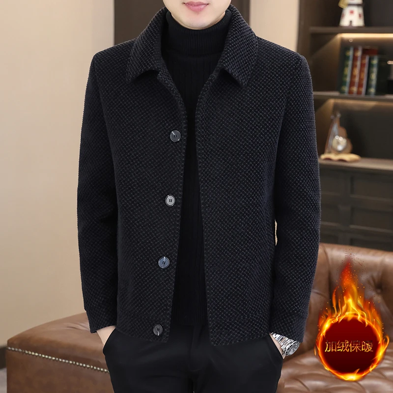 男士短款毛呢大衣秋冬季加绒翻领休闲时尚格子夹克修身上衣外套