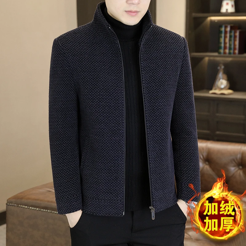 秋冬毛呢外套男士加绒立领夹克冬装高端保暖休闲格子短款呢子大衣