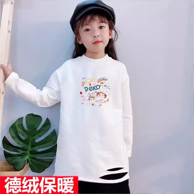 儿童白t恤女童中长款宝宝洋气童装上衣加绒2024秋冬装新款打底衫