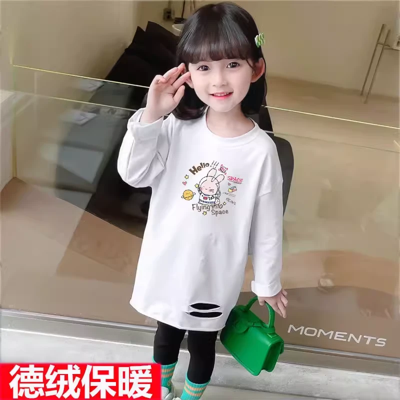 女童加绒韩版宽松破洞中长款2024新版百搭德绒加绒白色潮上衣t恤