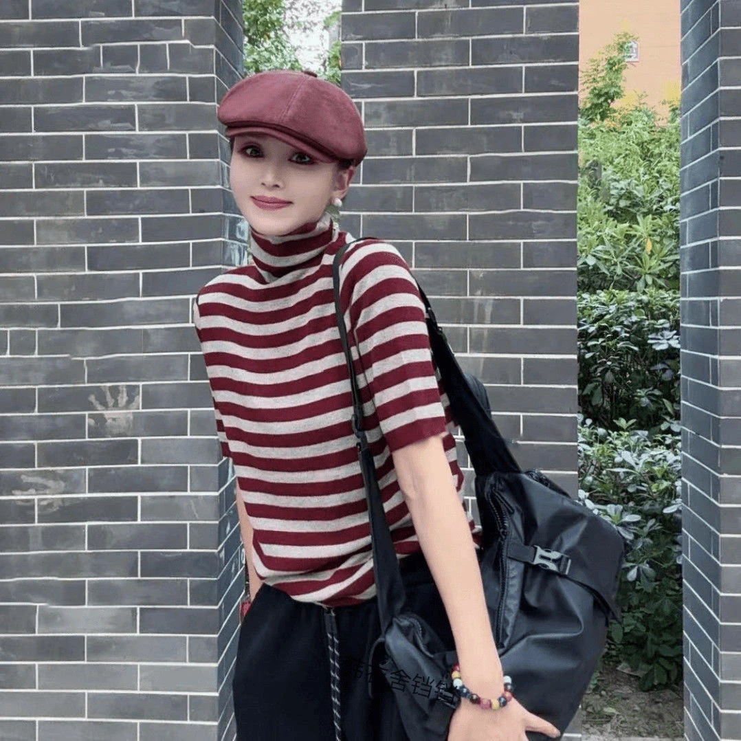 安可拉红堆堆领百搭经典条纹亲肤软糯高领中袖秋冬内搭毛衫女上衣