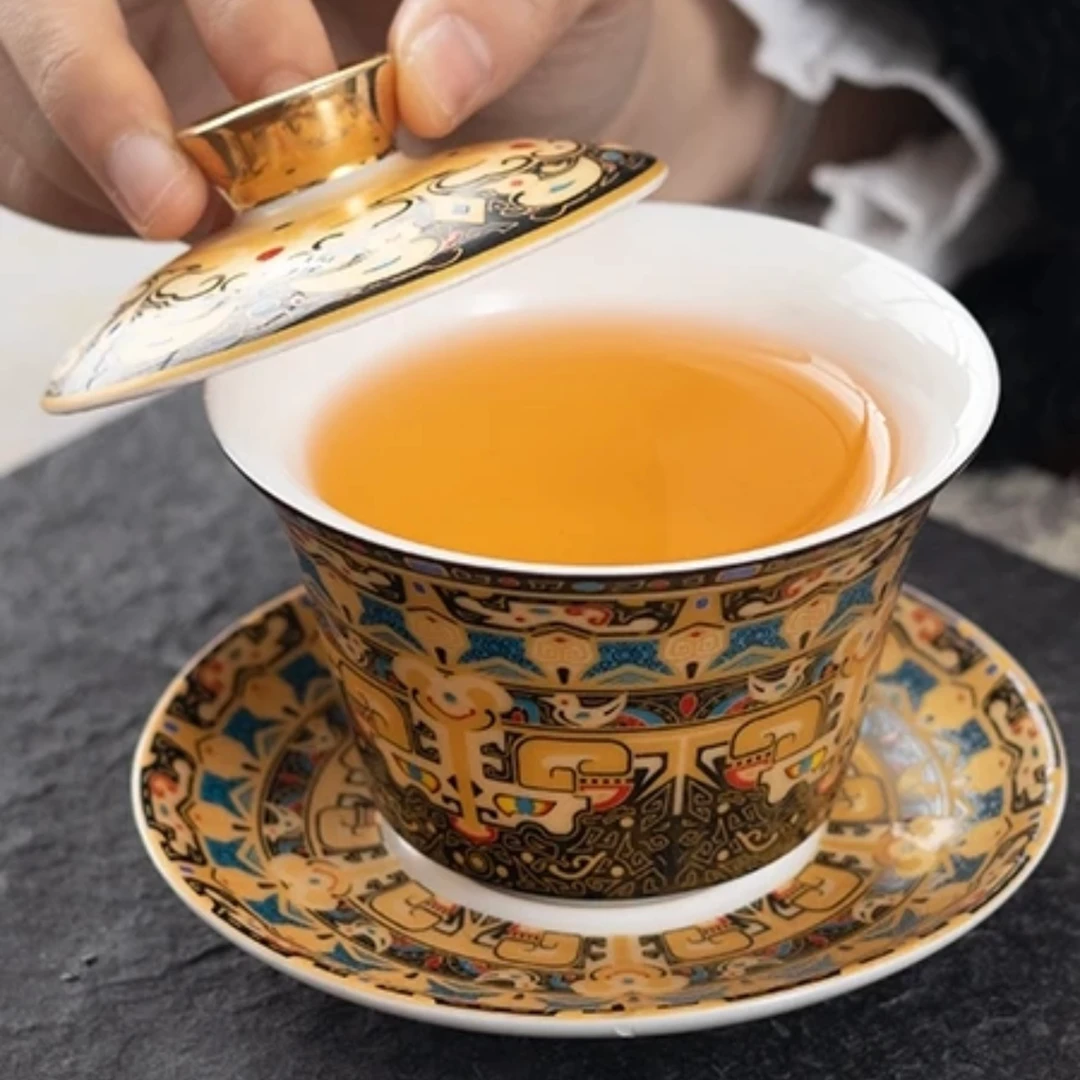 唐卡可悬停旋转三才盖碗茶盖碗瓷茶碗功夫茶具宫廷风家用敬茶碗