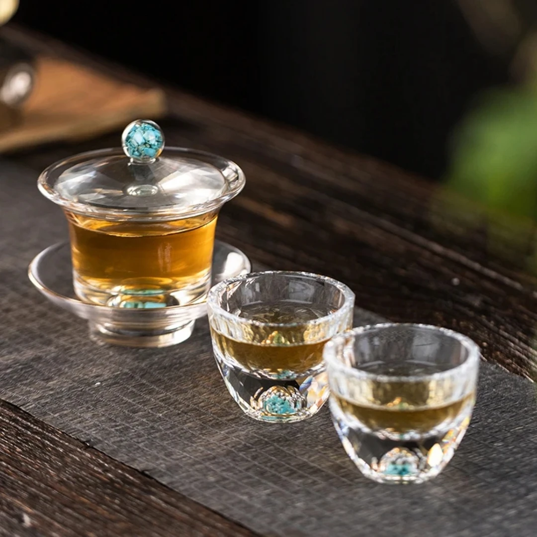 绿松石水晶玻璃三才盖碗（带两杯）