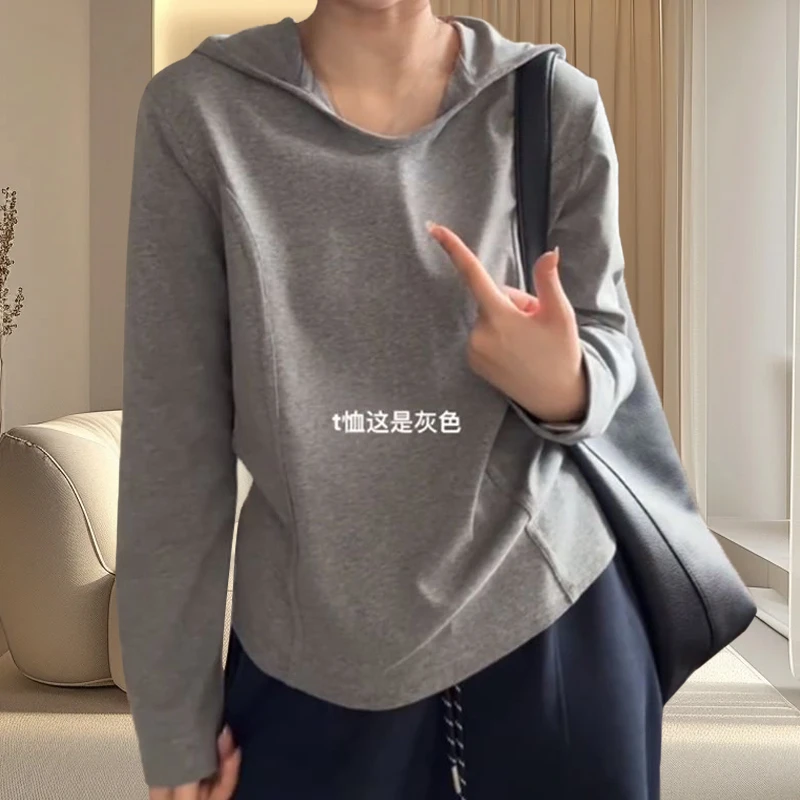 大码200斤气质名媛鱼骨线连帽正肩打底衫纯色长袖t恤女上衣ins潮