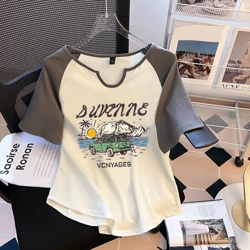 v领撞色插肩短袖t恤女夏季洋气显瘦小众设计感上衣服时尚休闲百搭