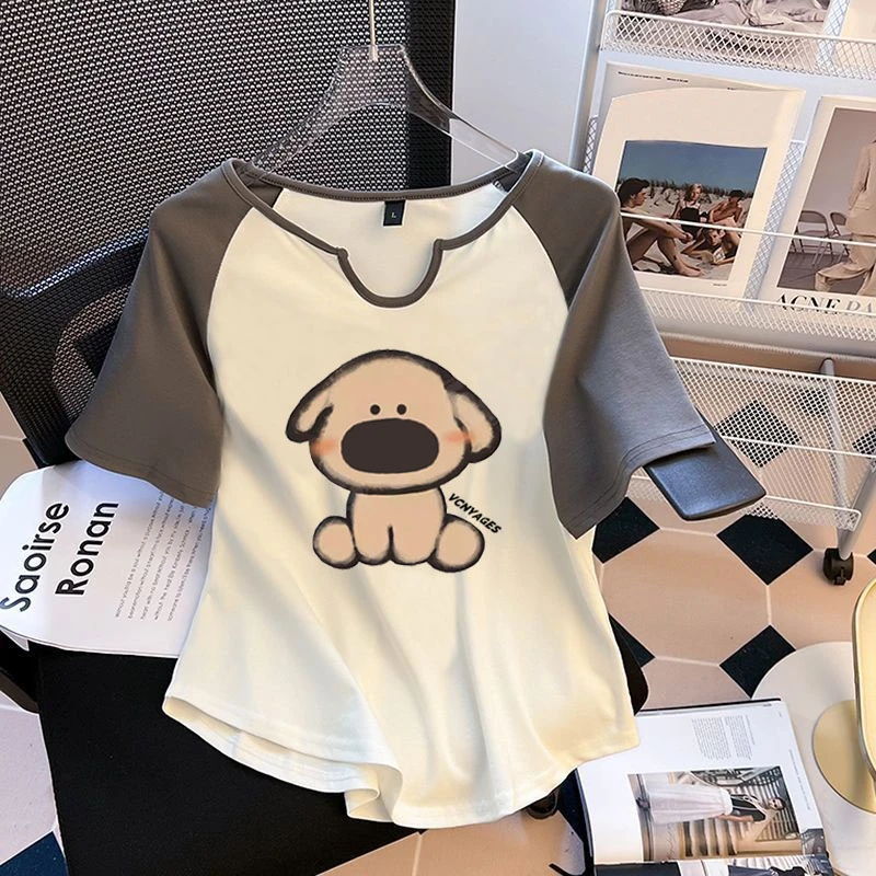 正肩印花插肩短袖t恤女款夏季新款胖mm设计感小众遮肚上衣显瘦ins