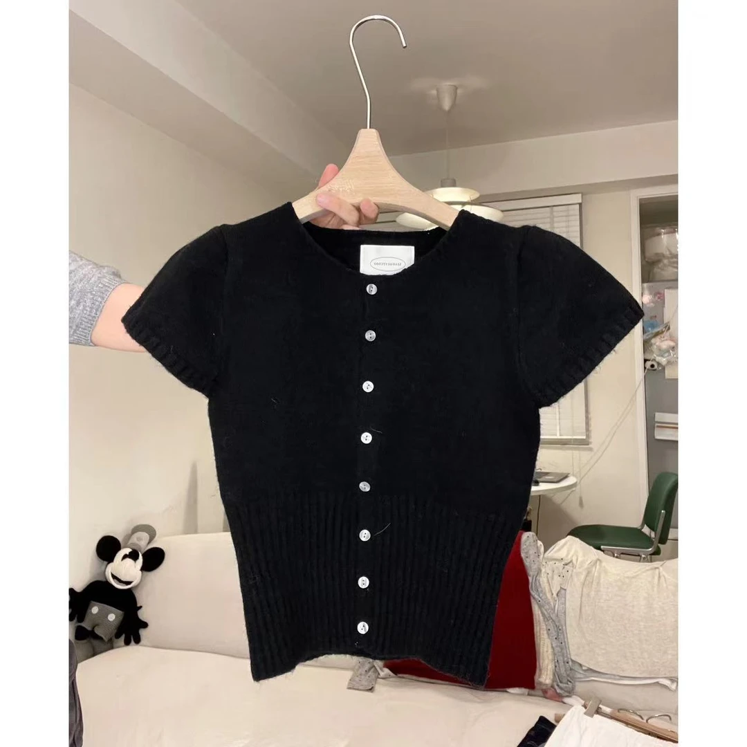 韩系纯色早秋百搭显瘦短袖简约毛衣