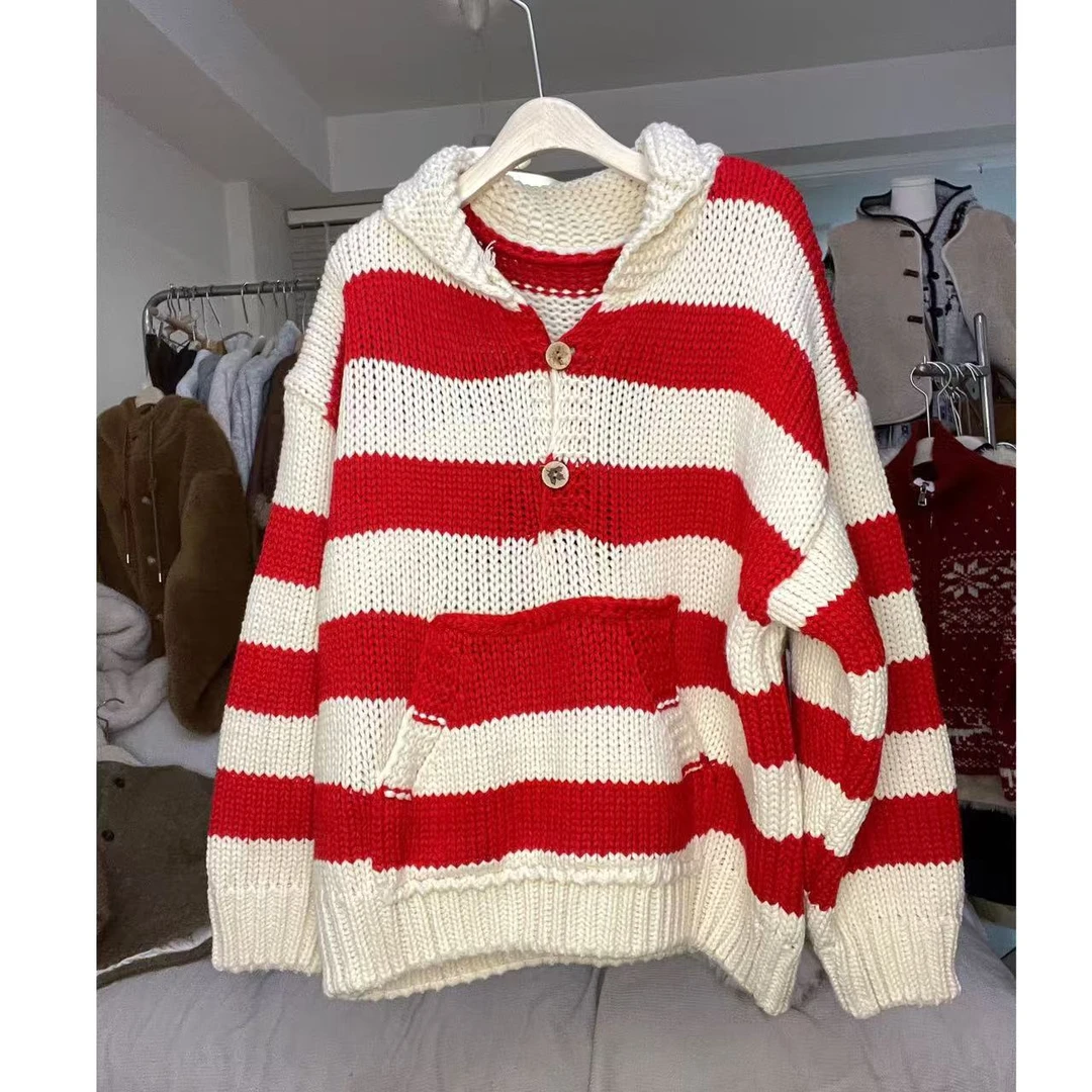 韩系翻领粗毛线条纹宽松慵懒感毛衣