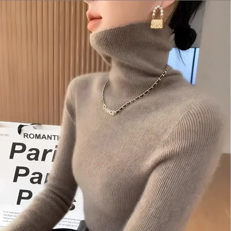 【一线成衣】秋冬新款羊毛抽条堆堆领长袖针织衫百搭大衣内搭修身