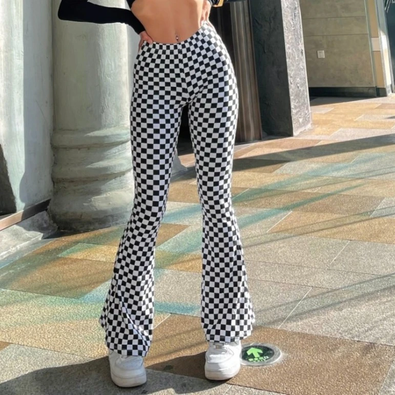 RGNANA棋盘格喇叭裤女运动健身瑜伽服裸感高腰显腿长裤显臀休闲风