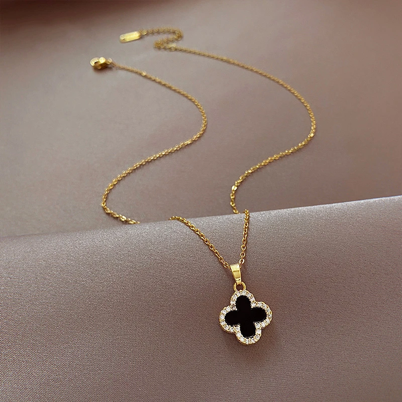 钛钢项链 钛钢项链 四叶花双面气质高级优雅高级锁骨项链锁骨链